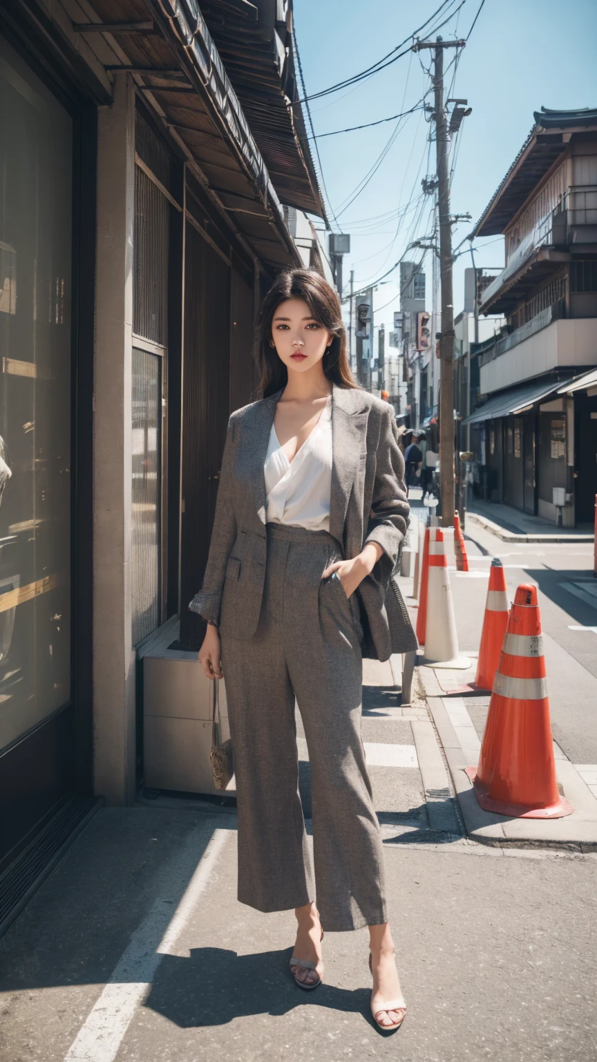 Tokyo、Street、Fashion Snap、real、snapshot、Stylish、Fashion Model、Mode Fashion、In front of the building wall、(best quality,4K,8K,highres,masterpiece:1.2),ultra-detailed,(realistic,photorealistic,photo-realistic:1.37),HDR,studio lighting,sharp focus,