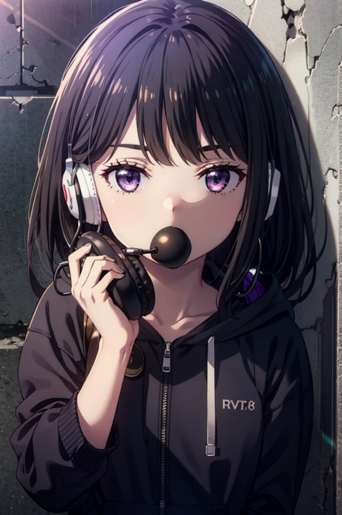 Takiuchikami, Check it out, Long Hair, bangs, Black Hair, (Purple eyes:1.2),Oversized blue hoodie,Wired headphones,Food up,Wearing a hoodie hood,jeans,High-top sneakers,Leaning against the wall,Hiding in a roofed building,whole bodyがイラストに入るように,rain,cloudy,night,
break outdoors, Building district,
break looking at viewer, whole body,
break (masterpiece:1.2), Highest quality, High resolution, unity 8k wallpaper, (figure:0.8), (Beautiful attention to detail:1.6), Highly detailed face, Perfect lighting, Highly detailed CG, (Perfect hands, Perfect Anatomy),