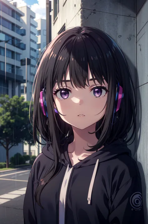 takiuchikami, check it out, long hair, bangs, black hair, (purple eyes:1.2),oversized blue hoodie,wired headphones,food up,weari...