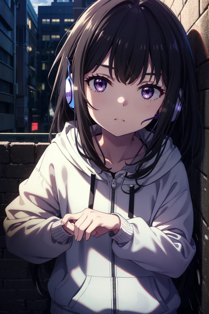 Takiuchikami, Check it out, Long Hair, bangs, Black Hair, (Purple eyes:1.2),Oversized blue hoodie,Put the hood of your hoodie over your head,Wired headphones,jeans,High-top sneakers,Leaning against the wall,Hiding in a roofed building,whole bodyがイラストに入るように,rain,cloudy,night,
break outdoors, Building district,
break looking at viewer, whole body,
break (masterpiece:1.2), Highest quality, High resolution, unity 8k wallpaper, (figure:0.8), (Beautiful attention to detail:1.6), Highly detailed face, Perfect lighting, Highly detailed CG, (Perfect hands, Perfect Anatomy),