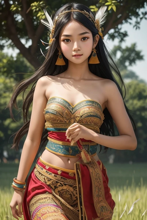 16 years old Chinese Indonesian young girl long black hair pretty face beautiful breast white skin, Wearing strapless Sleeveless Javanese traditional clothing complete with bird feather decoration on the head dancing with exposed armpits in grass field 