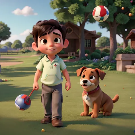 A boy throws a little ball on the grass and orders his puppy to retrieve it.
Disney Pixar style, 3D, 4K.