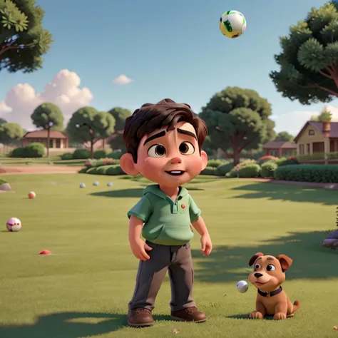 A boy throws a little ball on the grass and orders his puppy to retrieve it.
Disney Pixar style, 3D, 4K.