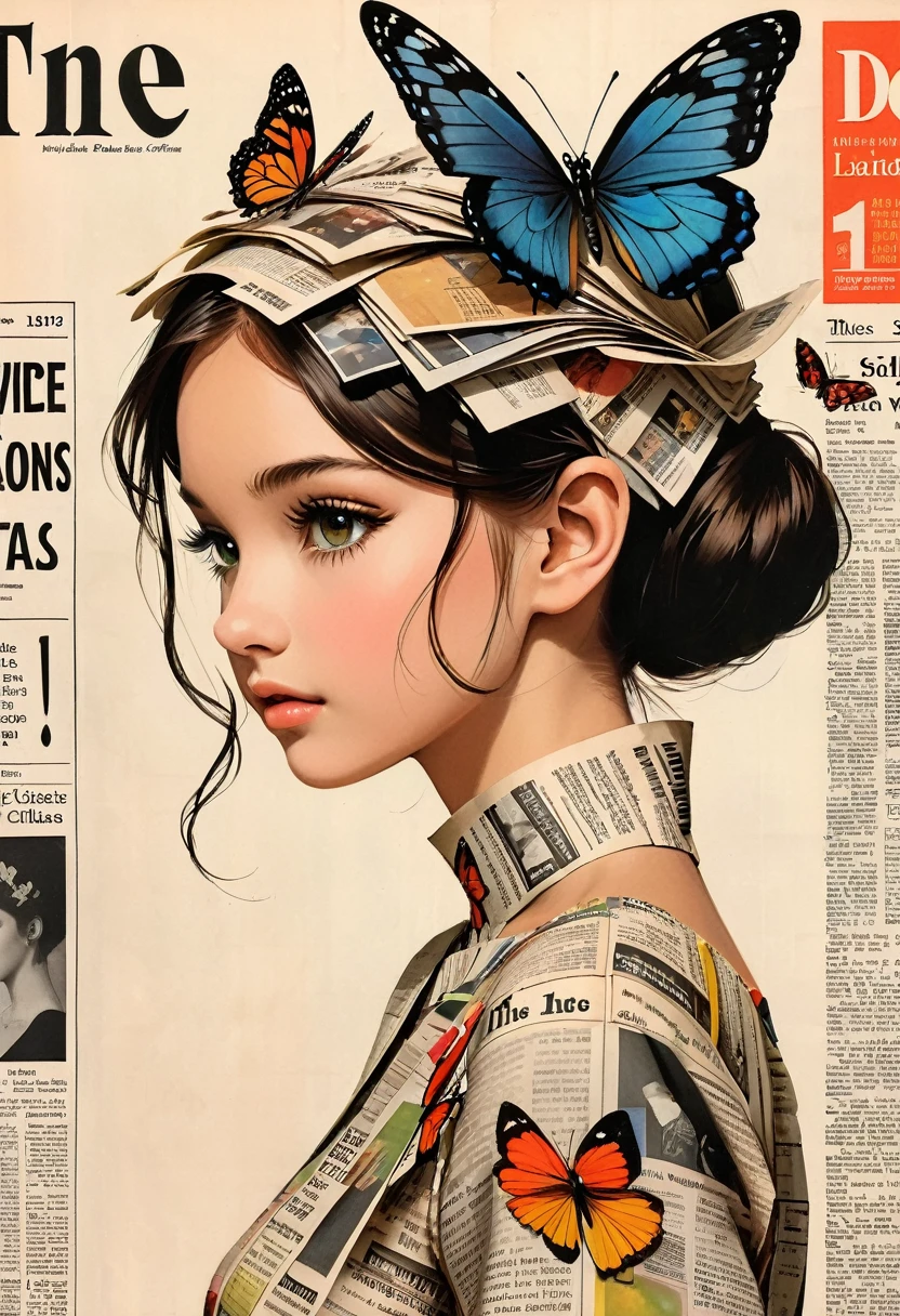 Side view girl, Solitary, Wearing a magazine cover dress, Delicate facial features and long eyelashes, A butterfly landed on her head, There were newspaper clippings all around.. Girl&#39;s face with realistic details, Bright colors，Clear focus. The overall image is a high-resolution masterpiece, Suitable for magazine cover. The art style is a mix of photography and concept art. Bright and eye-catching colors. The lighting is studio style, Soft lighting. Tips also include text and barcodes commonly found on magazine covers.