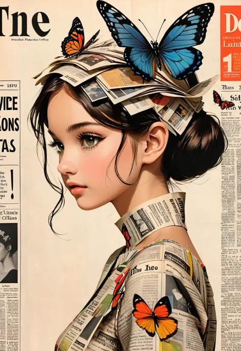 side view girl, solitary, wearing a magazine cover dress, delicate facial features and long eyelashes, a butterfly landed on her...