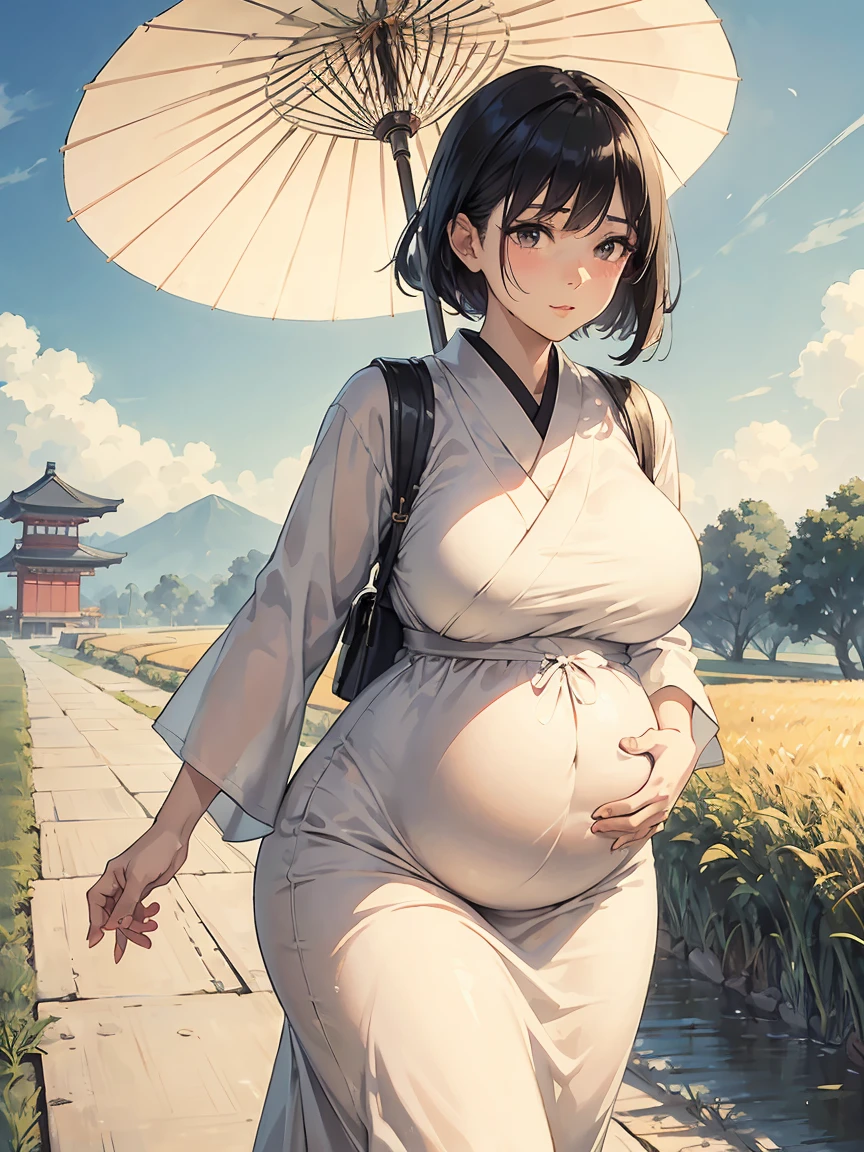 masterpiece, Highest quality, Super detailed, Best Shadow, Beautifully detailed face,  High Contrast,Modern Japan、A beautiful 40-year-old pregnant woman in a white button-up dress. Walking along a Japanese country road surrounded by rice fields. parasol. Big breasts. BIG ASS. Saggy breasts. Short black hair. Sunny weather. buzzer. Sweat. Beige underwear showing through.