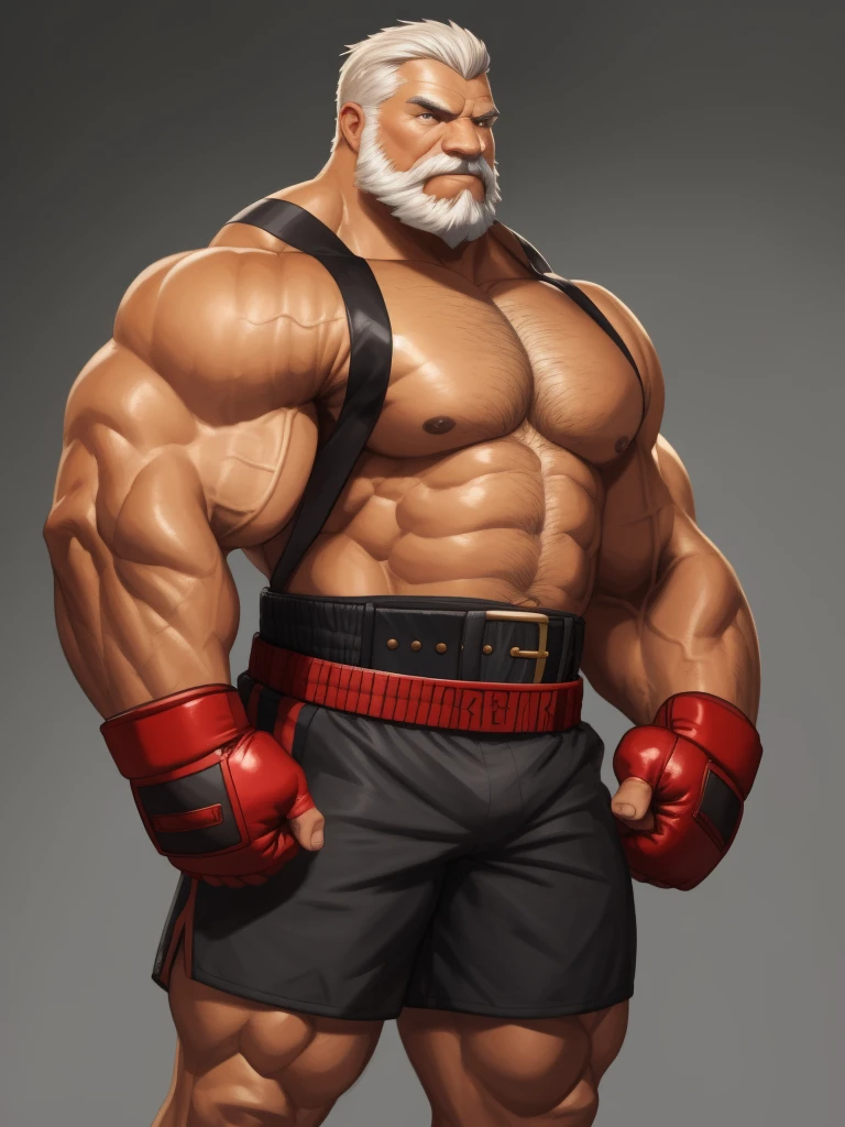 solo, 1boy, Huge Muscular Old man wearing boxing belt , pectoral, thick arms, huge pectoral, wide pectoral, short white hair, short pants and shirtless, bearded, simple background, masterpiece, semirealistic:1.2, high detailed, 8k, high resolution