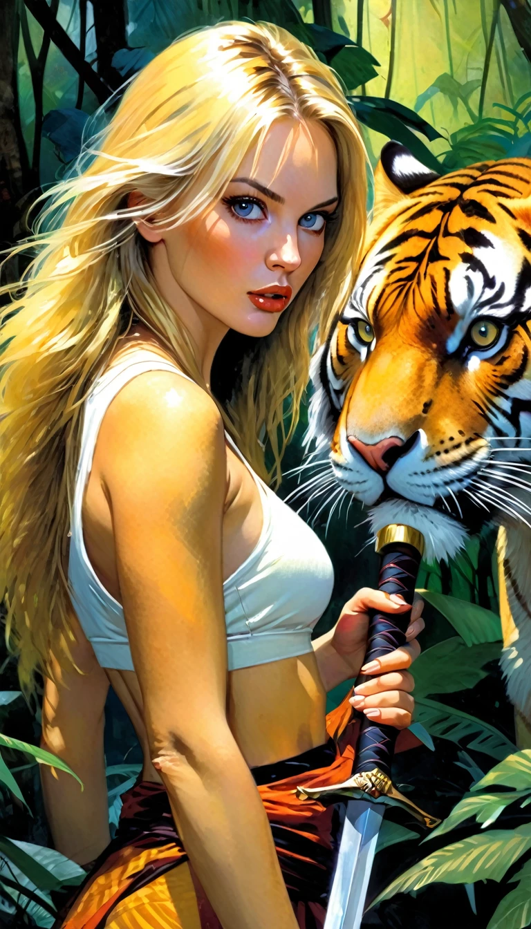 a long-haired blonde girl, beautiful detailed eyes, beautiful detailed lips, extremely detailed face, longeyelashes, half-naked, holding a sword, with a large saber-toothed tiger as a pet, in a lush jungle environment, oil painting, best quality, 8k, ultra-detailed, realistic, photorealistic, photo-realistic:1.37, vivid colors, studio lighting, physically-based rendering, extreme detail description, Bill Sienkiewicz art style