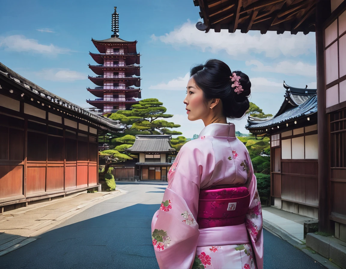 Cette image représente une belle jeune femme en tenue traditionnelle japonaise., un kimono, debout devant un vieux, rue pittoresque qui mène à une pagode à plusieurs étages. Le décor semble être une zone historique au Japon, peut-être Kyoto, connu pour ses quartiers bien conservés avec une telle architecture. Le kimono est rose avec une ceinture obi détaillée, et les cheveux de la femme sont coiffés avec élégance, ajouter à l&#39;authenticité de la tenue culturelle. L&#39;arrière-plan est vibrant avec les teintes chaudes des bâtiments en bois et un ciel bleu parsemé de nuages.. La pagode en arrière-plan et la verdure environnante, y compris des fleurs roses, rehausser l&#39;atmosphère traditionnelle et sereine de la scène. C&#39;est un brillant, temps clair, et l&#39;expression contente de la femme suggère un moment paisible et réfléchi alors qu&#39;elle apprécie la beauté de son environnement..
