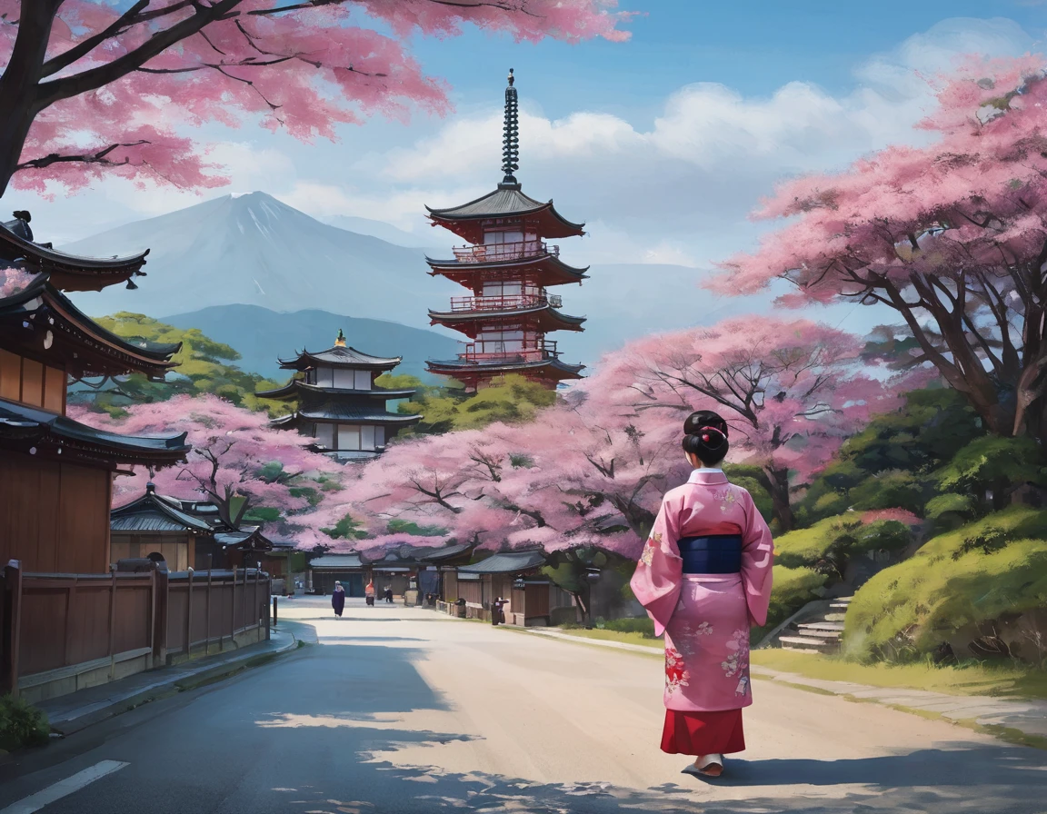 這張圖片描繪了一位穿著日本傳統服裝的美麗年輕女子, 和服, 站在一個老, 通往多層寶塔的風景如畫的街道. 背景似乎是日本的一個歷史地區, 可能是京都, 以其保存完好的地區和此類建築而聞名. 粉紅色的和服，配有精緻的腰帶, 女人的頭髮造型優雅, 增加文化服飾的真實性. 木製建築的溫暖色調和散佈雲彩的藍天，背景充滿活力. 背景中的寶塔和周圍的綠化, 包括粉紅色的花朵, 增強場景的傳統和寧靜的感覺. 這是一個明亮的, 晴天, 當這位女士欣賞周圍的美景時，她滿足的表情暗示著一個平靜和反思的時刻.