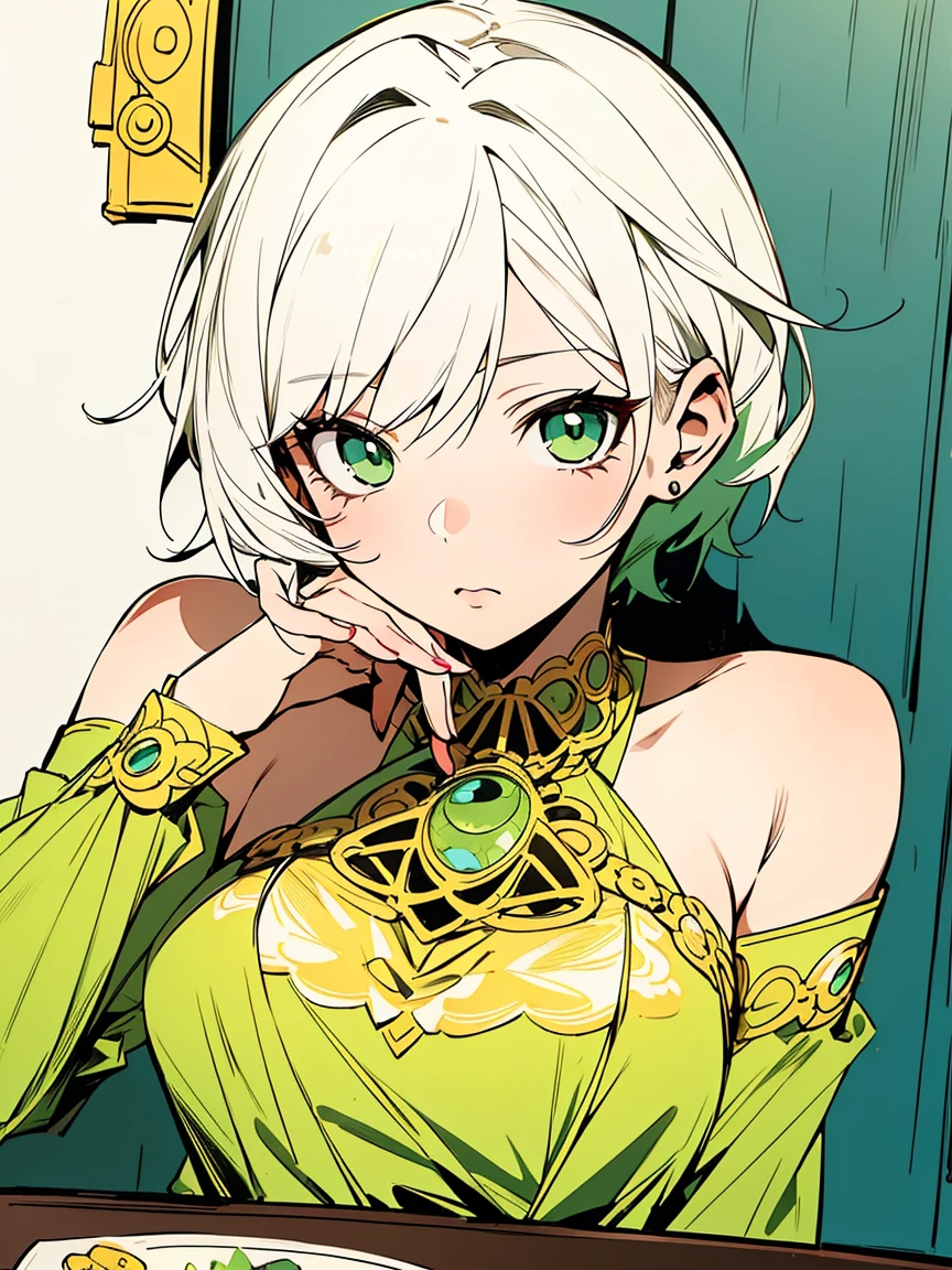 (Best quality,table:1.2),(anime style,Comic core:1.1),1 girl in,cute style,amazing,extremely detailed eye,very detailed face,very detailed hair,8 k,Permission, ////////// (masterpiece),(Best quality), white hair, green eyes, short hair, green hair below, portrait ∨TSE∨，bare shoulders