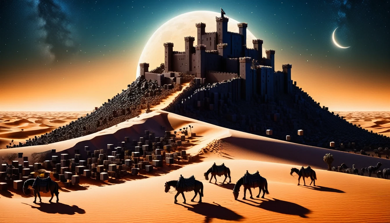 Um deserto feito de pequenos cubos RAL-3D,Um antigo castelo fica,Meia-noite no deserto,Vários pequenos cubos RAL-3D caem de cima,Envolto em uma fantástica luz escura,Os animais estão em pé