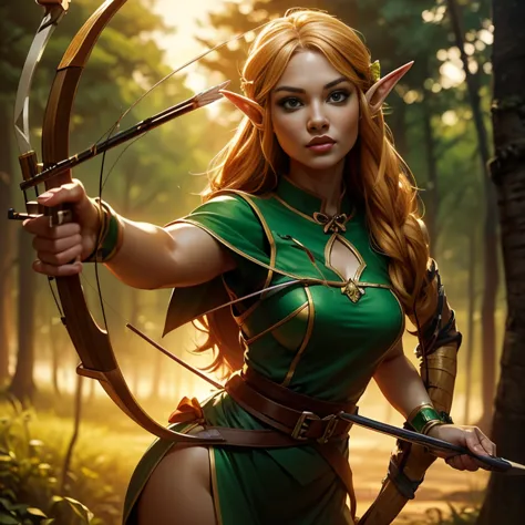 ((hunting＿Aiming at Prey_Hold a bow and arrow_Elf_Shooter_Archer:1.9))、Blonde medium hair、Big Breasts、Narrow waist、Big Butt、Idea...