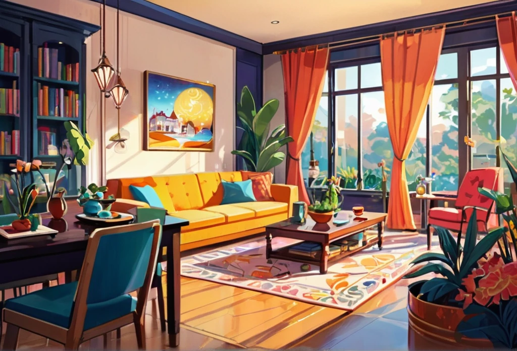 uma casa linda, grande, espaço, moderno,  (Obra-prima de melhor qualidade:1.2) ilustração delicada ultradetalhada,  (evento relacionado à Disney) interior,  fundo detalhado, ilustrações, brilhante, colorida, 