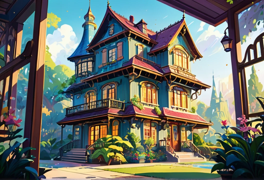 ein schönes Haus, groß, raum, modern,  (Meisterwerk beste Qualität:1.2) zarte Illustration ultra-detailliert,  (Disney-bezogene Veranstaltung) Innenbereich,  detaillierter Hintergrund, Illustrationen, Hell, bunt, 