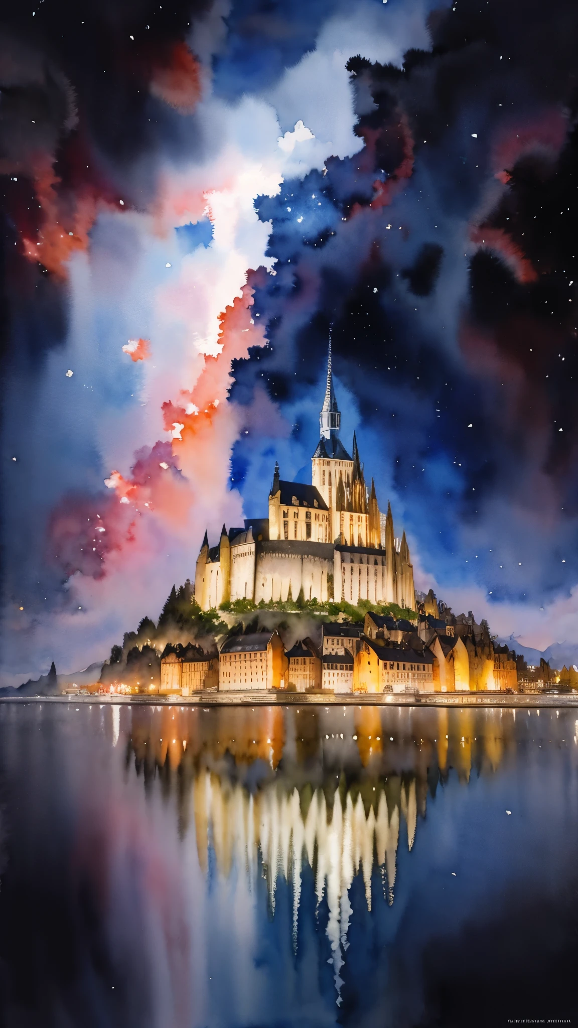 (Obra de arte:1.2, mais alta qualidade),(Super detalhado),(((aquarela))),8K,papel de parede,Paisagem da França,Monte Saint-Michel,noite,(((nebula)))