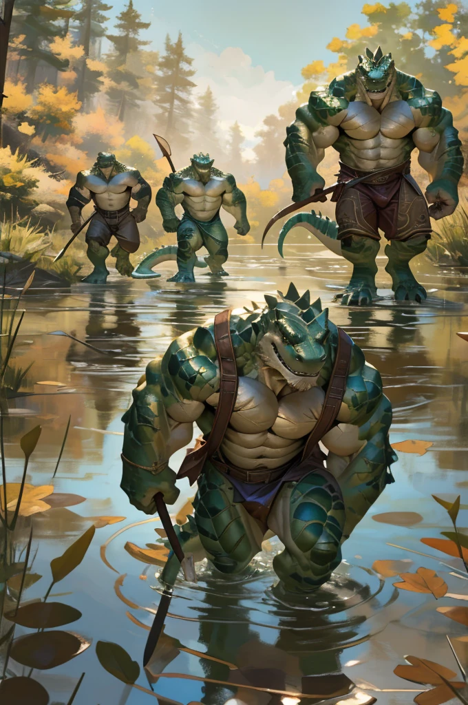 By Taran fiddler, bara, multiple people, lizard, older male, detailed faces, standing, naked, reptile men, a group of anthro reptiles, green scales, erected penises, savages, wearing loinclothes, holding spears, threatening poses, running, attacking, standing in water, lake, dynamic camera angle, focus on faces