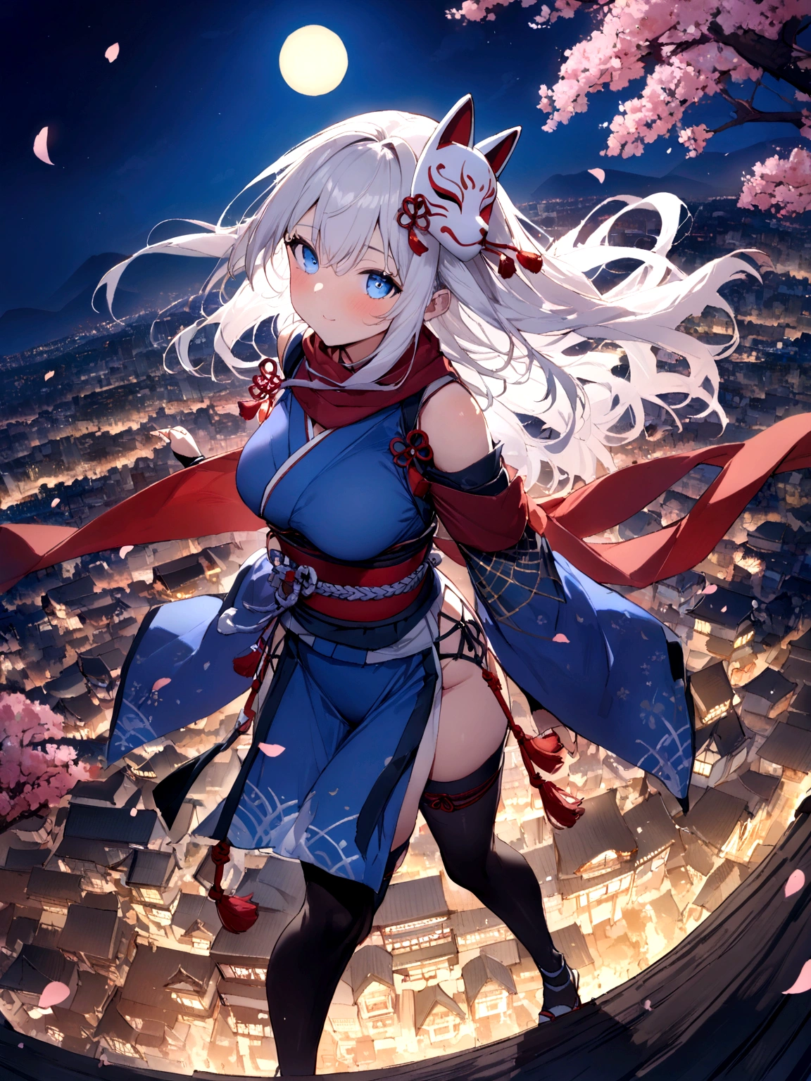 insert、Asahi、A magnificent view of the city from the treetops、(masterpiece, best quality:1.2), 1girl, 独奏,Wolf girl, fox mask, ninja, girl, long white hair, odd eyes, blue kimono, ninja girl, red and blue scarf,Dancing Cherry Blossoms,Full moon backlighting, light coming in, fantastic atmosphere.night、Shadows of light and darkness、Eyes glowing in the dark、Black fox mask、Fisheye Lens、Expansive starry sky、long hair that spreads、Overlooking the city from atop a large cherry tree、Aside exposure