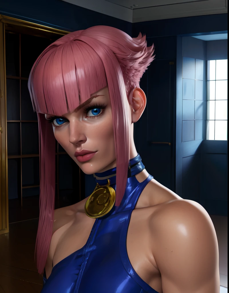 manon,pink hair,short hair with long locks,blue eyes,
blue bodysuit,white karate gi,wristband,choker with gold,black belt,
room,colorful,indoors,
standing,upper body,
(insanely detailed, beautiful detailed face, masterpiece, best quality),