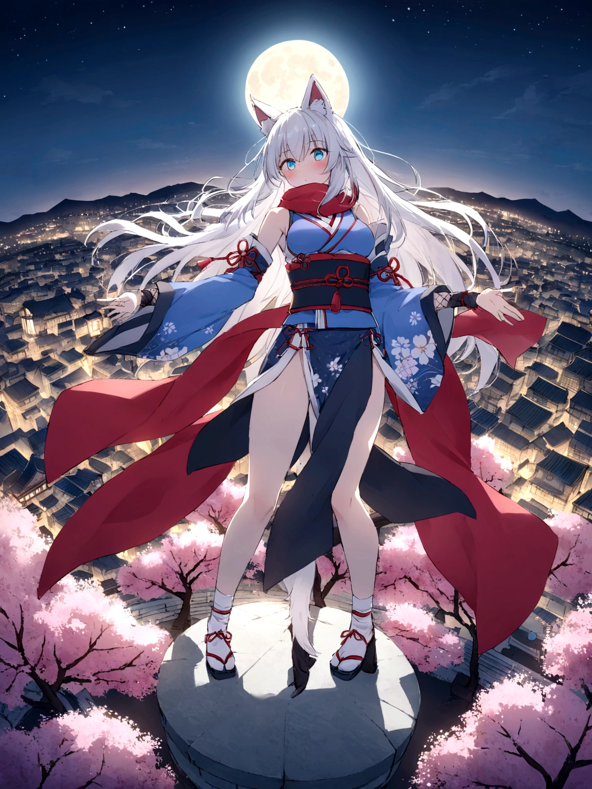 Throwing Shuriken、insert、Asahi、A magnificent view of the city from the treetopasterpiece, best quality:1.2), 1girl, 独奏,Wolf girl, fox mask, ninja, girl, long white hair, odd eyes, blue kimono, ninja girl, red and blue scarf,Dancing Cherry Blossoms,Full moon backlighting, light coming in, fantastic atmosphere.night、Shadows of light and darkness、Eyes glowing in the dark、Black fox mask、Fisheye Lens、Expansive starry sky、long hair that spreads、Overlooking the city from atop a large cherry tree、Aside exposure