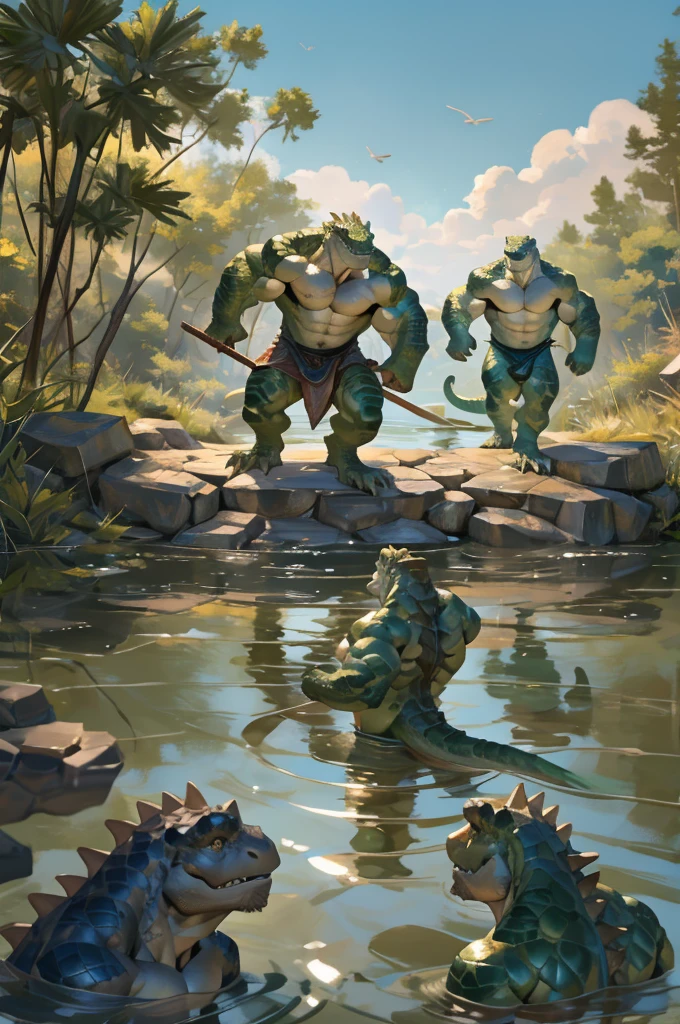 By Taran fiddler, bara, multiple people, lizard, older male, detailed faces, standing, naked, reptile men, a group of anthro reptiles, green scales, erected penises, savages, wearing loinclothes, holding spears, threatening poses, running, crawling, attacking, standing in water, lake, dynamic camera angle, focus on faces