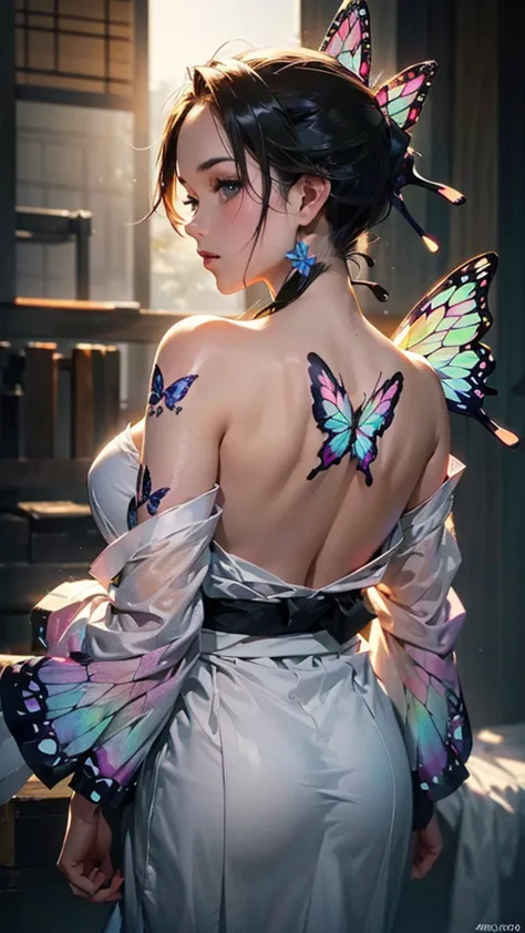 a woman wearing a traditional japanese kimono, ((large butterfly tattoo on her back)), beautiful detailed eyes, beautiful detail...