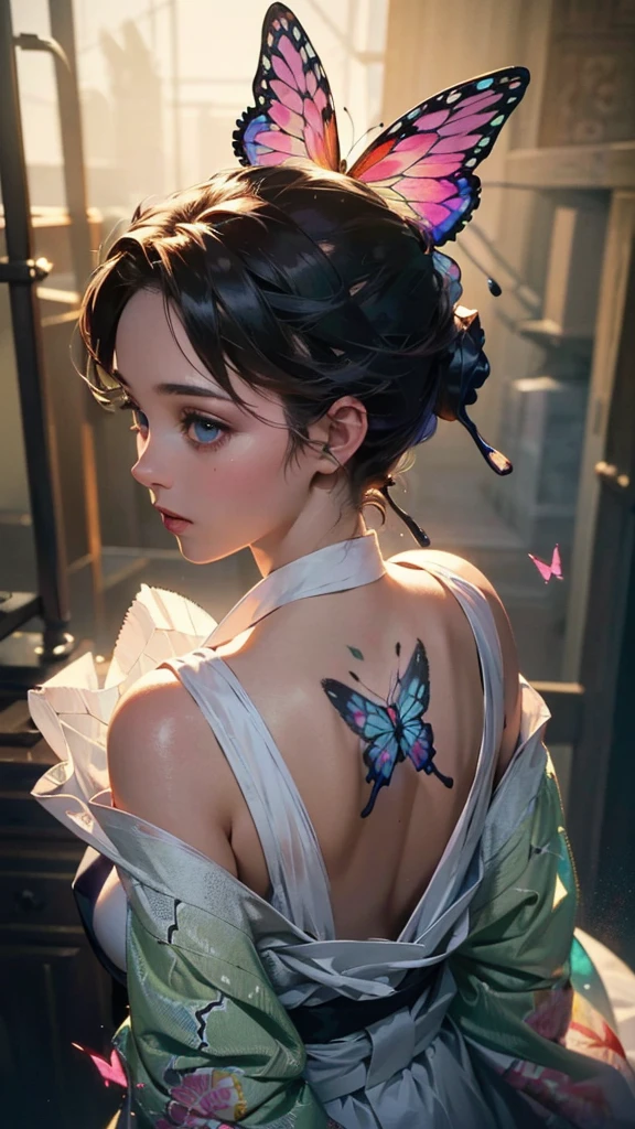 a woman wearing a traditional japanese kimono, ((large butterfly tattoo on her back)), beautiful detailed eyes, beautiful detailed lips, extremely detailed eyes and face, long eyelashes, detailed intricate kimono patterns, cinched waist, flowing sleeves, traditional japanese hairstyle, natural lighting, warm color tones,  ((large butterfly tattoo on her back))(best quality,4k,8k,highres,masterpiece:1.2),ultra-detailed,(realistic,photorealistic,photo-realistic:1.37),cinematic lighting,vibrant colors,detailed texture,intricate details,seamless,elegant,beautiful,graceful