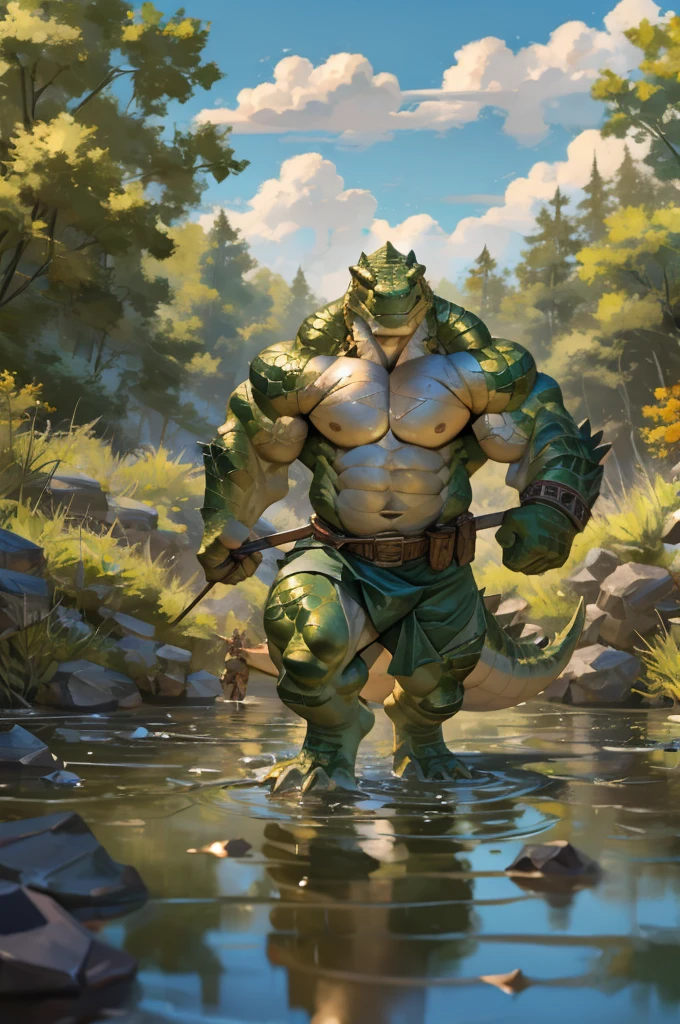 By Taran fiddler, bara, multiple people, lizard, older male, detailed faces, standing, naked, reptile men, a group of anthro reptiles, green scales, erected penises, savages, wearing loinclothes, holding spears, threatening poses, running, crawling, attacking, standing in water, chasing viewer, lake, wilderness, dynamic camera angle, focus on faces