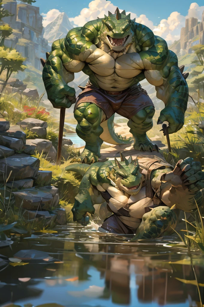 By Taran fiddler, bara, multiple people, lizard, older male, detailed faces, standing, naked, reptile men, a group of anthro reptiles, green scales, erected penises, savages, wearing loinclothes, holding spears, threatening poses, running, crawling, attacking, standing in water, chasing viewer, lake, wilderness, dynamic camera angle, focus on faces