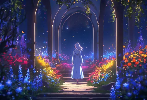 (((zoom out))),8k,((highest quality)),((high-res)),((shot from behind)),night,she stands in a sanctuary in nature,flowers,outsid...