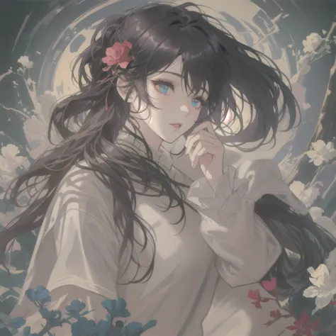 anime girl with long hair holding a flower in her hand, guweiz, artwork in the style of guweiz, guweiz on pixiv artstation, beau...