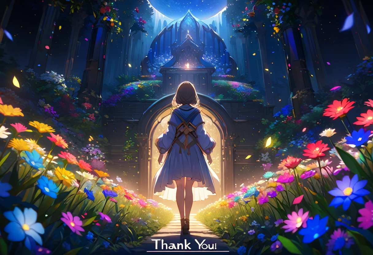 (((zoom out))),8k,((Highest quality)),((high-res)),((shot from behind)),night,She stands in a sanctuary in nature,flowers,outside,colorful,thank you!