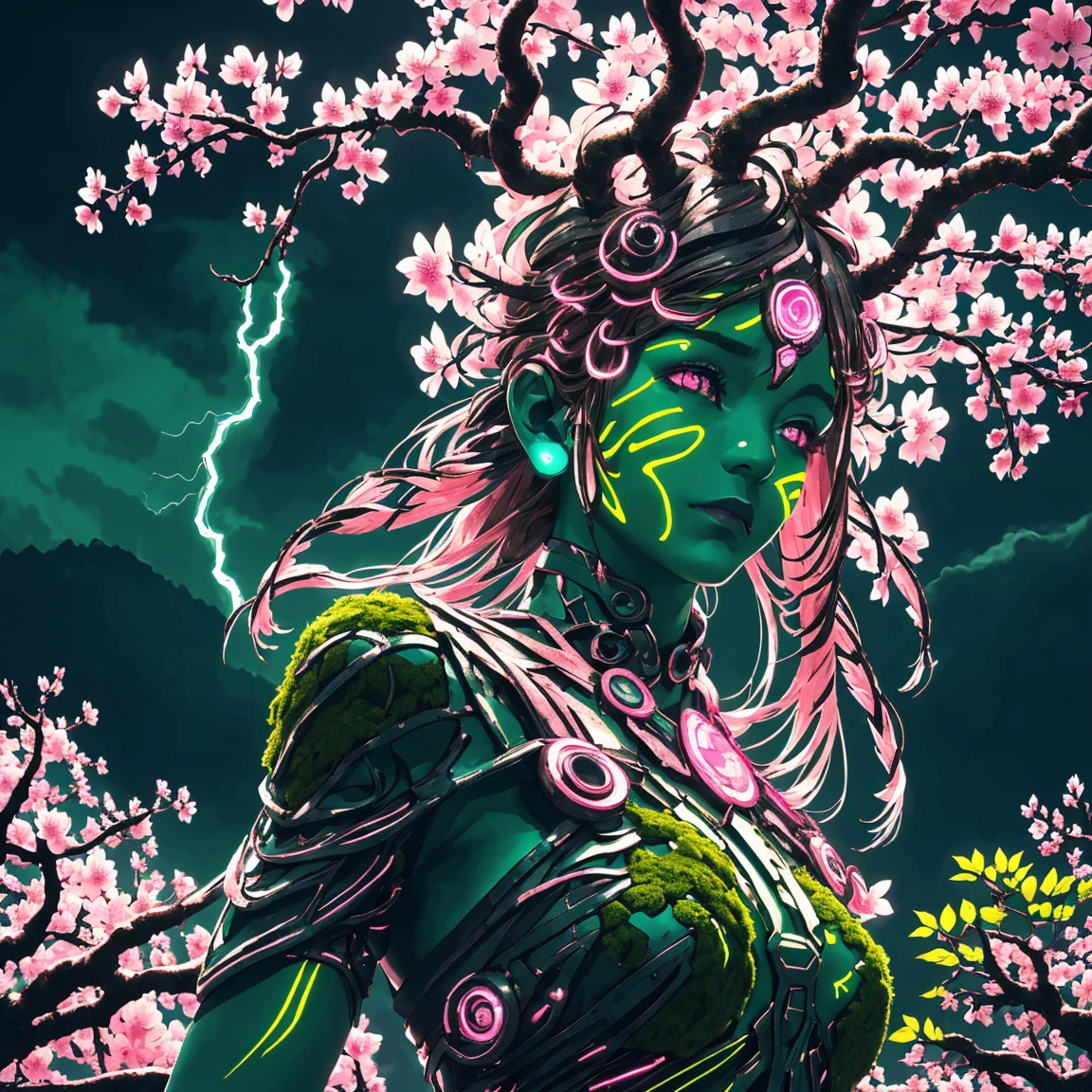 Plant Maiden，metal foil，Wired branch，glowing light eyes，mechanical shell，moss-covered bark，tribal clothing，majestic figure，(ancient tribal marks)，Control the tendrils that extend from the arms，Neon lights dance on the body，(Lightning around branches and leaves)，(peach blossom)，The petals are soft and delicate，vibrant with colors，(A harmonious mix of green and pink)，(ominous dark clouds in the sky)，atmosfera noturna，A futurist，vibrant colors and high-contrast lighting，Shadows and Dramatic Enhancements.(Best quality at best, 4K, 8K, Masterpiece artwork: 1.2), (real, photography realistic, photography realistic: 1.37)