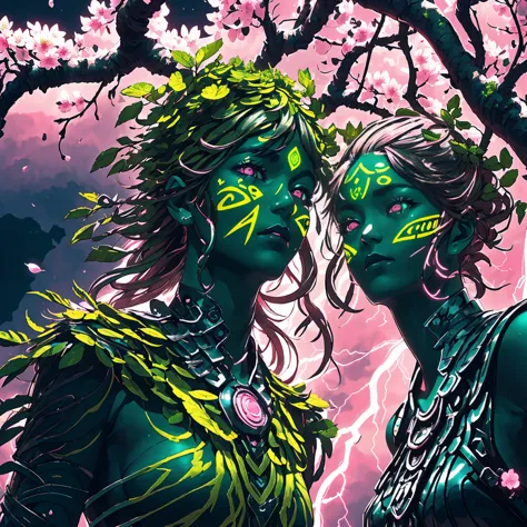 plant maiden，metal foil，wired branch，glowing light eyes，mechanical shell，moss-covered bark，tribal clothing，majestic figure，(anci...