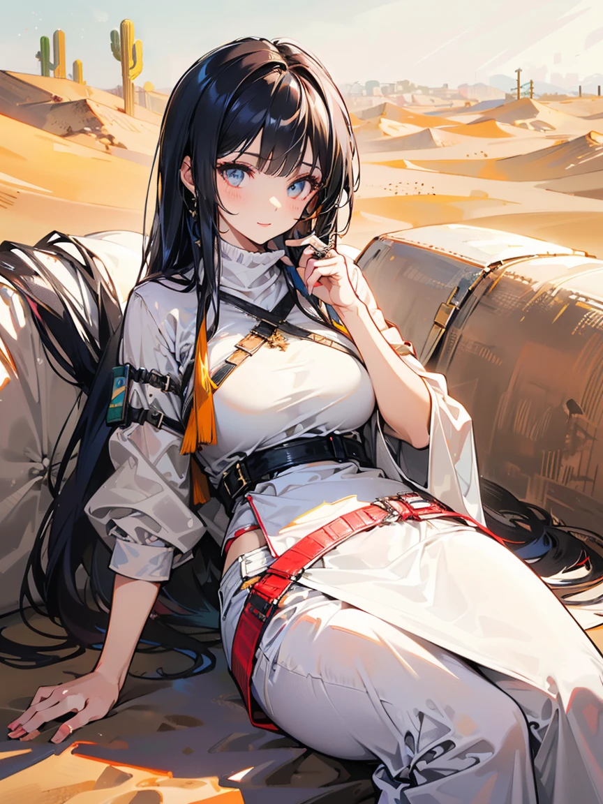 ((In the desert:1.5)), Mature woman with long hair and white clothes, (Rest in an oasis:1.2), Arabic, Post-apocalyptic, From Arknights, Gweiz-style artwork, bodybian, Fine details. Girls&#39; Frontline, Beautiful anime illustrations, from Girls&#39; Frontline, Jan J, amazing, 26 years old, (alone:1.5), (SFW:1.25), Saggy breasts, Large Breasts, big , Narrow waist, big ass, Raised to be sexy, (Dark mahogany medium long hair, Updo, Hair on one eye, Asymmetrical Hair, Curly Hair, Lo-tai),(Muslim, Head scarf, hair band, Today my head, turbaned), (Ultra-high resolution, 8k RAW photos, Photorealistic, Weak outline:1.3, Clear focus), Highest quality, Natural light, Blurred Background, Depth of written boundary, (Bright Eyes, Beautiful eyes in every detail, A face with attention to detail), Red lips, Looking at the audience, (Tight Focus:1.2, From below), Sexy pose, Seductive Weak々A beautiful smile, Center image, (Wearing a white long jacket and clothes, Wearing shorts, Gold ornaments, White clothing tied around the waist, Camel brown long leather boots, Translucent lace pantyhose), ((Correct Anatomy:1.5)), ((Outdoor:1.2)),