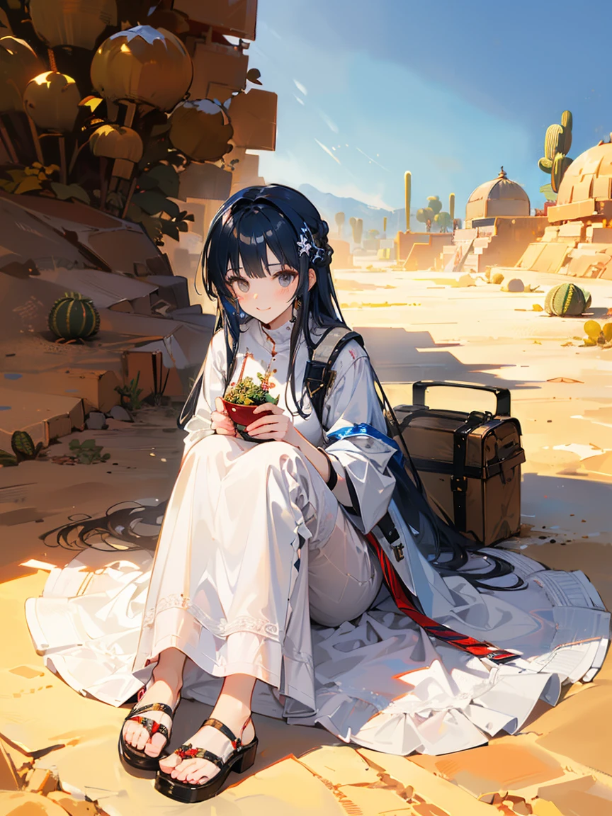 ((In the desert:1.5)), Mature woman with long hair and white clothes, (Rest in an oasis:1.2), Arabic, Post-apocalyptic, From Arknights, Gweiz-style artwork, bodybian, Fine details. Girls&#39; Frontline, Beautiful anime illustrations, from Girls&#39; Frontline, Jan J, amazing, 26 years old, (alone:1.5), (SFW:1.25), Saggy breasts, Large Breasts, big , Narrow waist, big ass, Raised to be sexy, (Dark mahogany medium long hair, Updo, Hair on one eye, Asymmetrical Hair, Curly Hair, Lo-tai),(Muslim, Head scarf, hair band, Today my head, turbaned), (Ultra-high resolution, 8k RAW photos, Photorealistic, Weak outline:1.3, Clear focus), Highest quality, Natural light, Blurred Background, Depth of written boundary, (Bright Eyes, Beautiful eyes in every detail, A face with attention to detail), Red lips, Looking at the audience, (Tight Focus:1.2, From below), Sexy pose, Seductive Weak々A beautiful smile, Center image, (Wearing a white long jacket and clothes, Wearing shorts, Gold ornaments, White clothing tied around the waist, Camel brown long leather boots, Translucent lace pantyhose), ((Correct Anatomy:1.5)), ((Outdoor:1.2)),