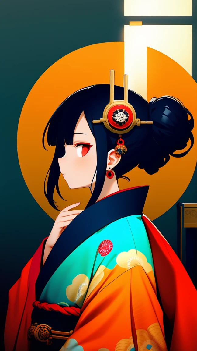 Sur Inft, Une fille, seul, cheveux noirs, bijoux, des boucles d&#39;oreilles, masque, les yeux rouges, kimono, boîte aux lettres, kimono, profil, masque on head, imprimé floral,Spammer masque, ornements de cheveux  