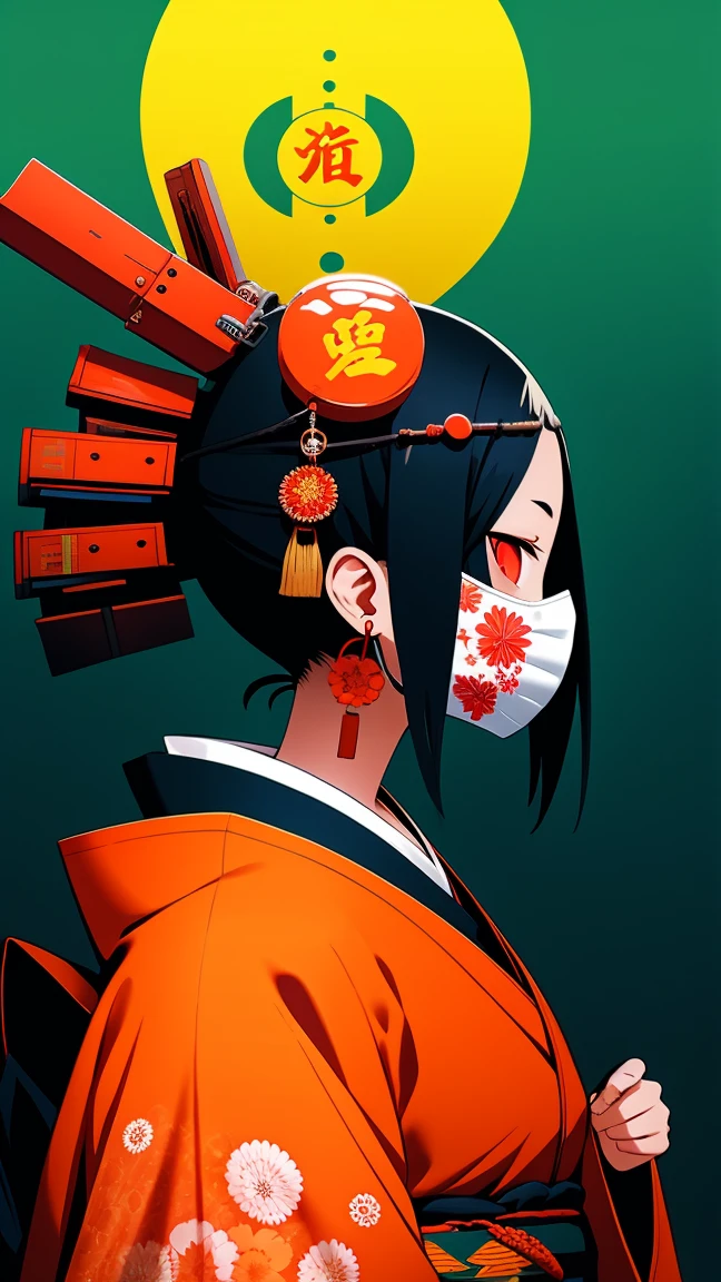 Sur Inft, Une fille, seul, cheveux noirs, bijoux, des boucles d&#39;oreilles, masque, les yeux rouges, kimono, boîte aux lettres, kimono, profil, masque on head, imprimé floral,Spammer masque, ornements de cheveux  