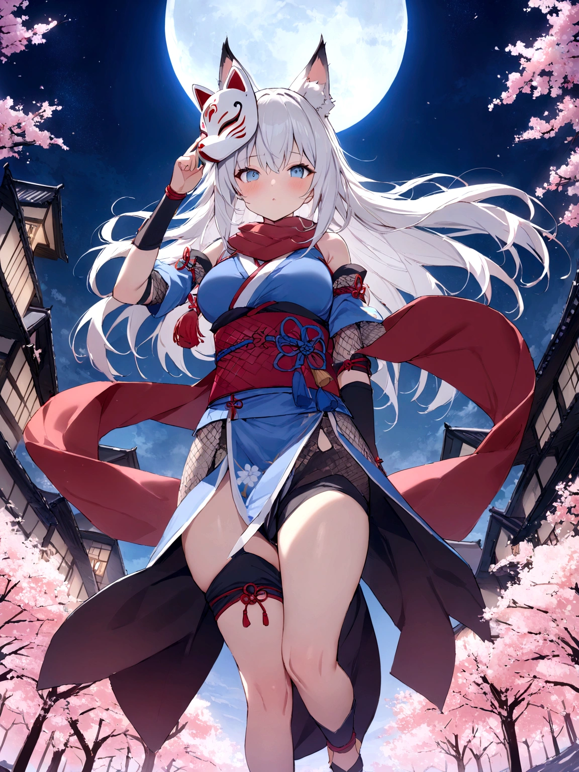 gauntlet、Throwing Shuriken、insert、Asahi、A magnificent view of the city from the treetops、(masterpiece, best quality:1.2), 1girl, 独奏,Wolf girl, fox mask, ninja, girl, long white hair, odd eyes, blue kimono, ninja girl, red and blue scarf,Dancing Cherry Blossoms,Full moon backlighting, light coming in, fantastic atmosphere.night、Shadows of light and darkness、Eyes glowing in the dark、Black fox mask、Fisheye Lens、Expansive starry sky、long hair that spreads、Overlooking the city from atop a large cherry tree、Aside exposure