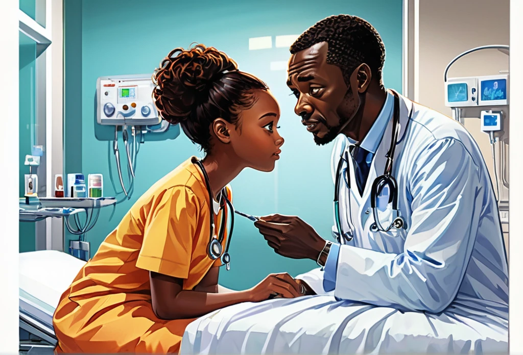 Inside a modern hospital, a male doctor (African) talking to a 12 years old girl,  (masterpiece best quality:1.2) delicate illustration ultra-detailed, detailed background, illustrations, bright, colourful, 