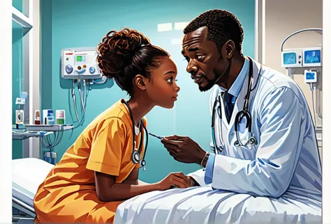 Inside a modern hospital, a male doctor (African) talking to a 12 years old girl,  (masterpiece best quality:1.2) delicate illus...