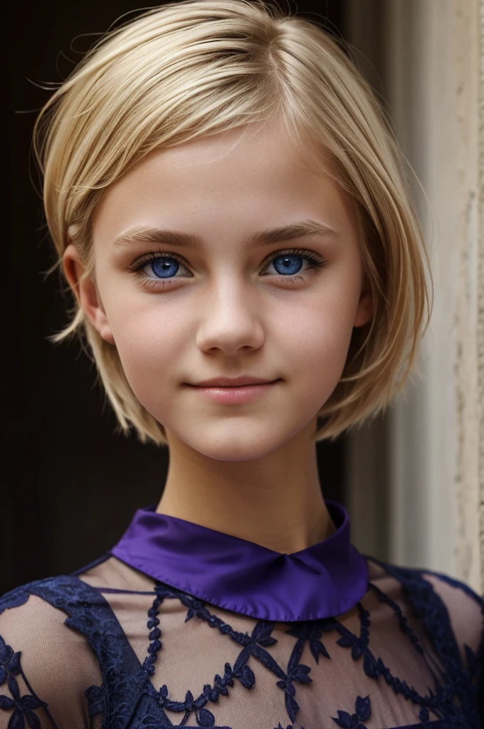 Europe short blonde hair blues eyes teenage 15 years , purple dress long black sleeves cute face beautiful girl , blue clear eyes, pretty strong eyes and serious face, serious smile, portrait , serious girl
