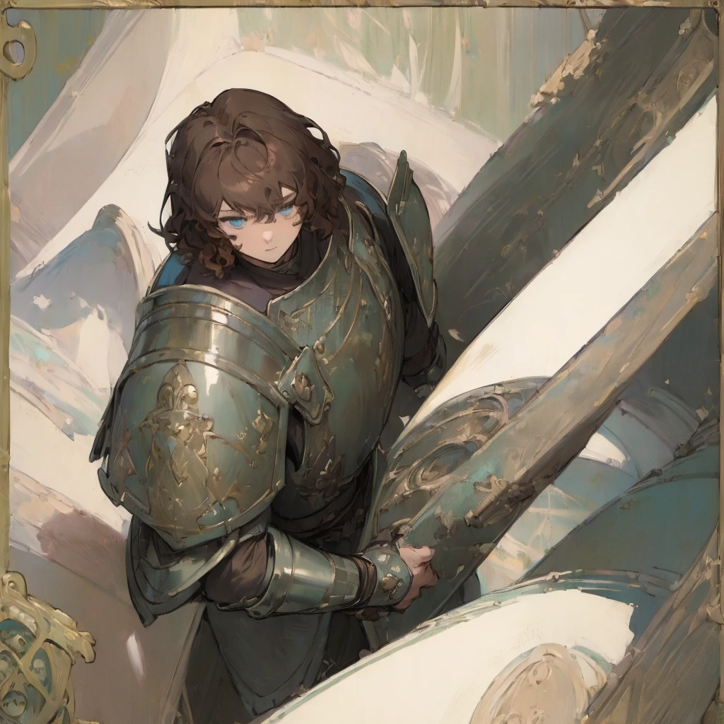 (solo), (masterpiece:2), (high quality), (high detail), (anime:1.25), (boy, man), cute, fantasy, medieval, (brown hair, wavy, thick), (blue eyes ), (in semi-steel armor), (top view)