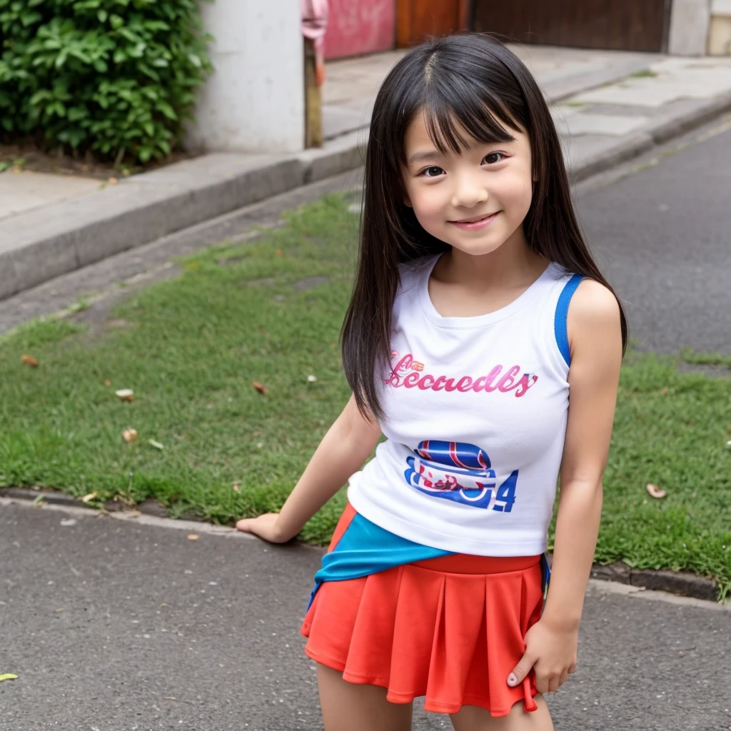 Asian cute girl, 8 years old, a little kid, with T-shirt and short skirt -  SeaArt AI