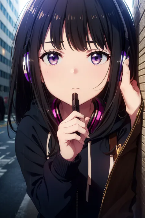 Takiuchikami, Check it out, Long Hair, bangs, Black Hair, (Purple eyes:1.2),Oversized blue hoodie,Wired headphones,jeans,short b...