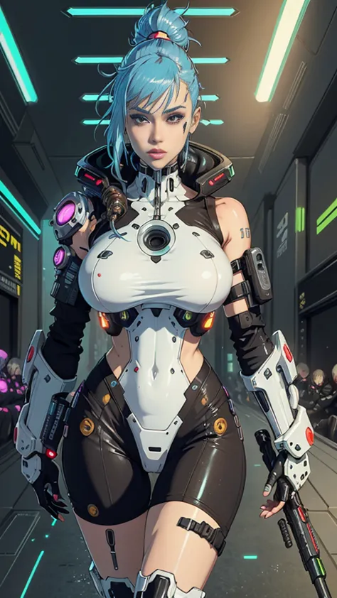 Woman with big wet marked breasts in a futuristic outfit posing for a photo, Cyborg girl, Cute Cyborg Girl, Female cyberpunk ani...