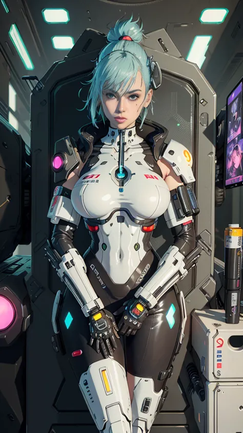 Woman with big wet marked breasts in a futuristic outfit posing for a photo, Cyborg girl, Cute Cyborg Girl, Female cyberpunk ani...