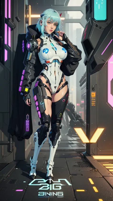 Woman with big wet marked breasts in a futuristic outfit posing for a photo, Cyborg girl, Cute Cyborg Girl, Female cyberpunk ani...