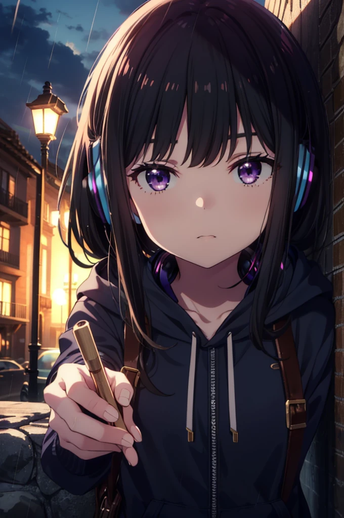 Takiuchikami, Check it out, Long Hair, bangs, Black Hair, (Purple eyes:1.2),Oversized blue hoodie,Wired headphones,jeans,short boots,Standing leaning against a wall,Hiding in a roofed building,whole bodyがイラストに入るように,rain,cloudy,night,
break outdoors, Building district,
break looking at viewer, whole body,
break (masterpiece:1.2), Highest quality, High resolution, unity 8k wallpaper, (figure:0.8), (Beautiful attention to detail:1.6), Highly detailed face, Perfect lighting, Highly detailed CG, (Perfect hands, Perfect Anatomy),