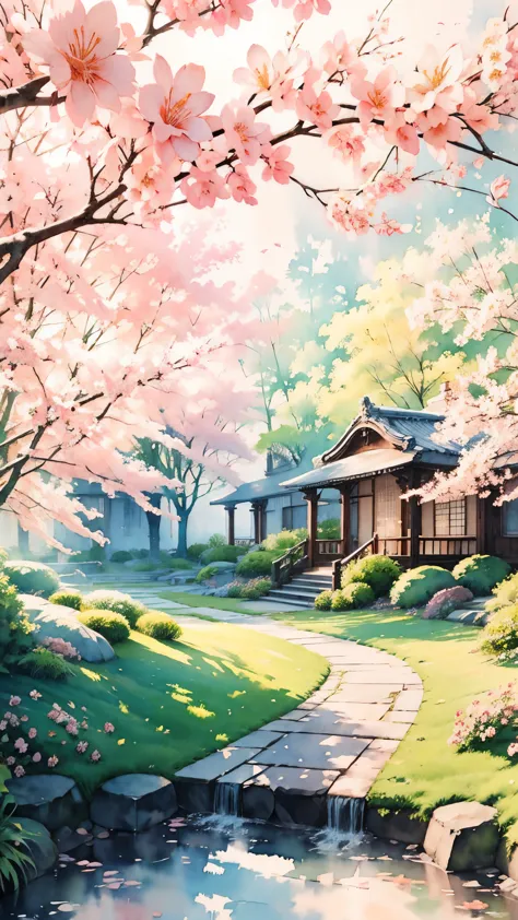 (masterpiece:1.2, Highest quality),(Super detailed),((Watercolor)),8K,wallpaper,Japanese garden,spring
